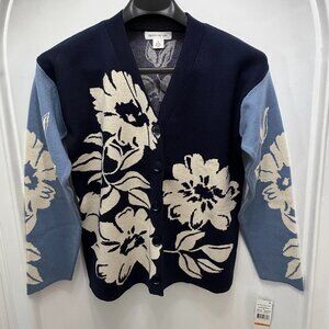 Skye's The Limit Women’s V-neck, button down, cardigan sweater. Botanical print.